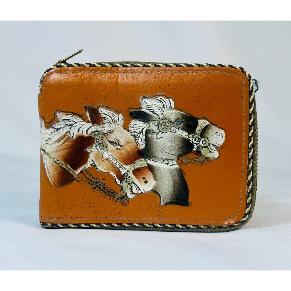 Vintage Leather Bifold Wallet Hand Tooled Horses 1950s Men Boys Cowhide Zip Up